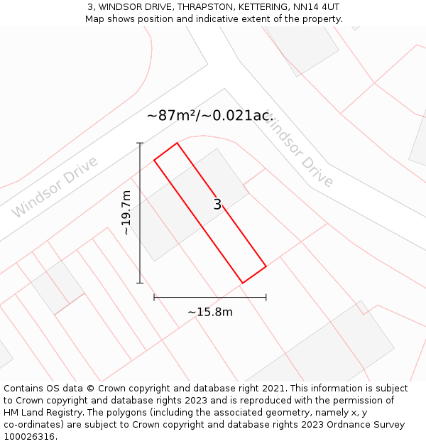 3, WINDSOR DRIVE, THRAPSTON, KETTERING, NN14 4UT: Plot and title map