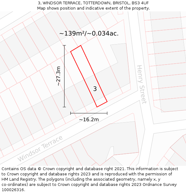 3, WINDSOR TERRACE, TOTTERDOWN, BRISTOL, BS3 4UF: Plot and title map
