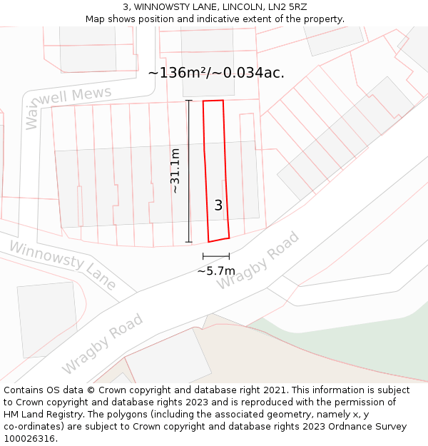 3, WINNOWSTY LANE, LINCOLN, LN2 5RZ: Plot and title map