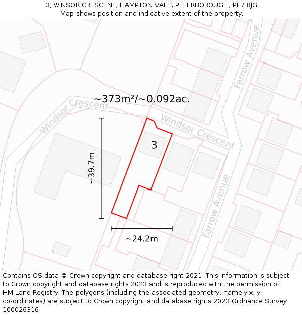 3, WINSOR CRESCENT, HAMPTON VALE, PETERBOROUGH, PE7 8JG: Plot and title map