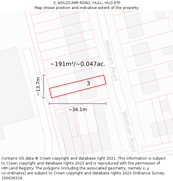 3, WOLDCARR ROAD, HULL, HU3 6TP: Plot and title map