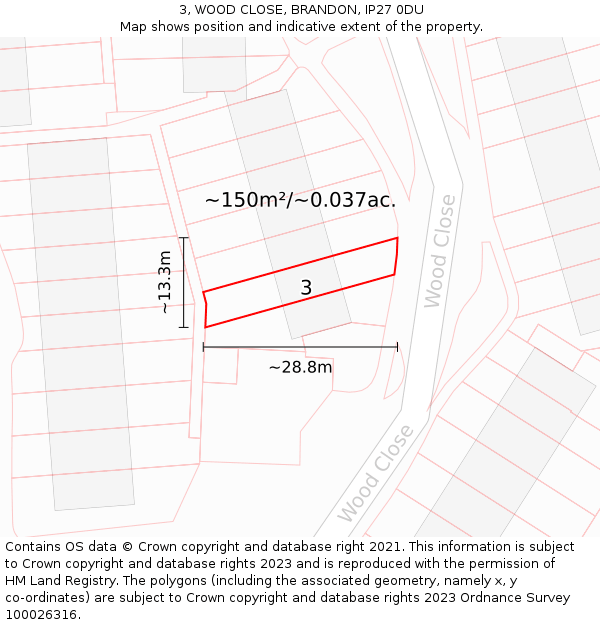 3, WOOD CLOSE, BRANDON, IP27 0DU: Plot and title map