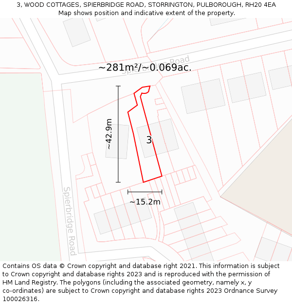 3, WOOD COTTAGES, SPIERBRIDGE ROAD, STORRINGTON, PULBOROUGH, RH20 4EA: Plot and title map