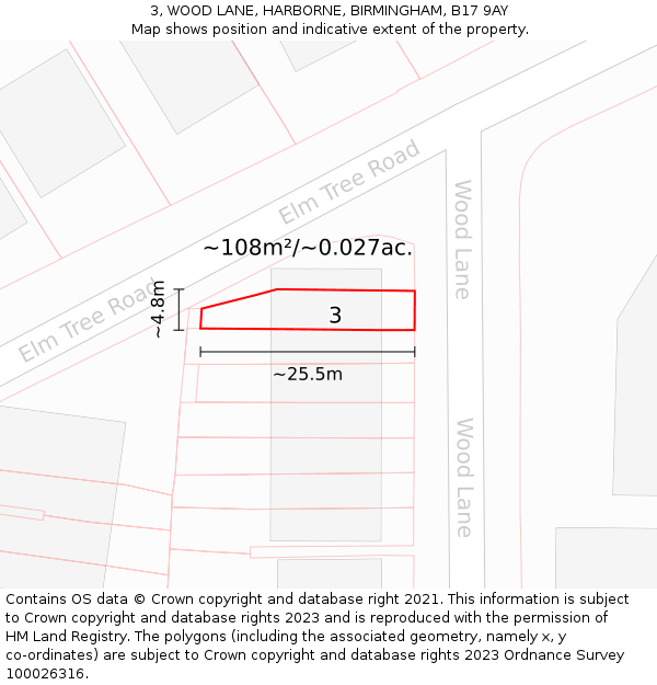 3, WOOD LANE, HARBORNE, BIRMINGHAM, B17 9AY: Plot and title map
