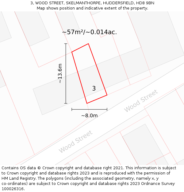 3, WOOD STREET, SKELMANTHORPE, HUDDERSFIELD, HD8 9BN: Plot and title map