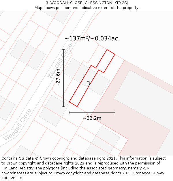 3, WOODALL CLOSE, CHESSINGTON, KT9 2SJ: Plot and title map