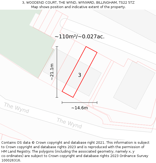 3, WOODEND COURT, THE WYND, WYNYARD, BILLINGHAM, TS22 5TZ: Plot and title map
