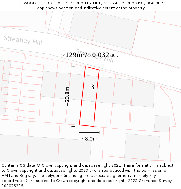 3, WOODFIELD COTTAGES, STREATLEY HILL, STREATLEY, READING, RG8 9PP: Plot and title map