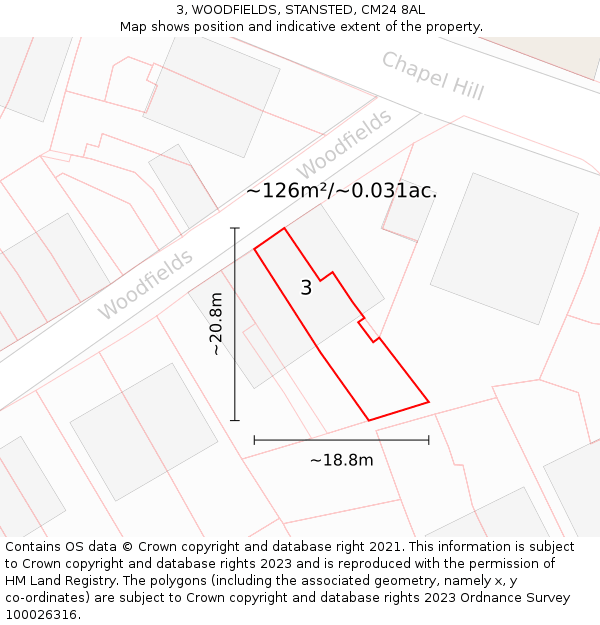 3, WOODFIELDS, STANSTED, CM24 8AL: Plot and title map