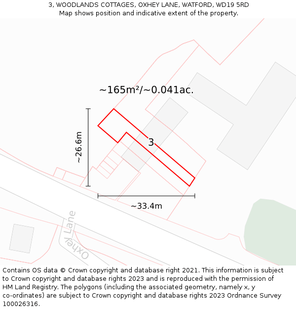 3, WOODLANDS COTTAGES, OXHEY LANE, WATFORD, WD19 5RD: Plot and title map