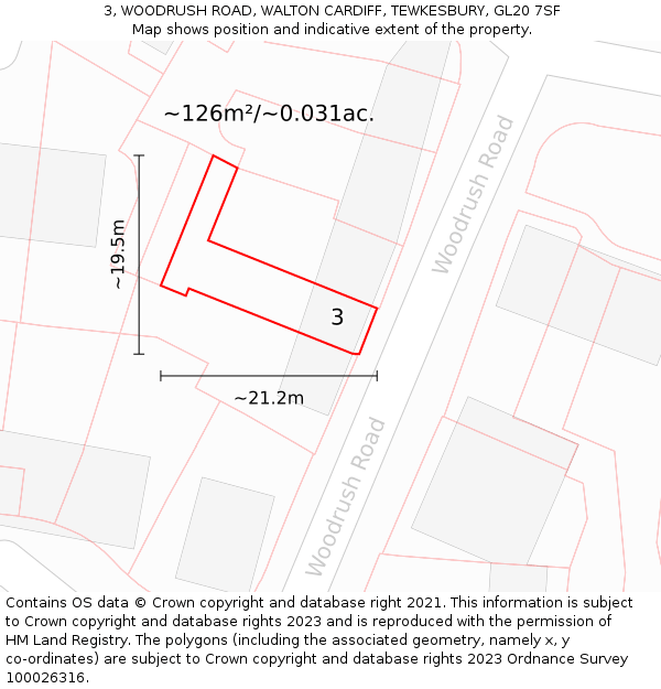 3, WOODRUSH ROAD, WALTON CARDIFF, TEWKESBURY, GL20 7SF: Plot and title map