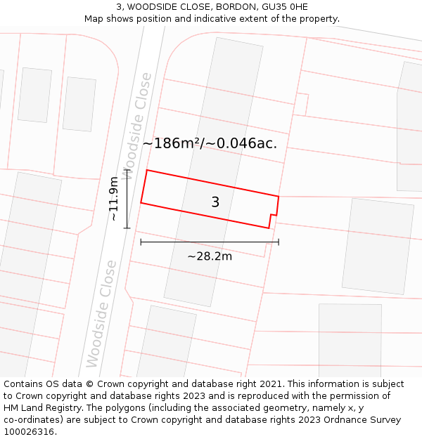 3, WOODSIDE CLOSE, BORDON, GU35 0HE: Plot and title map