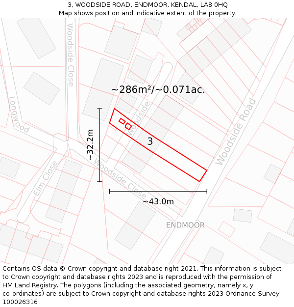 3, WOODSIDE ROAD, ENDMOOR, KENDAL, LA8 0HQ: Plot and title map