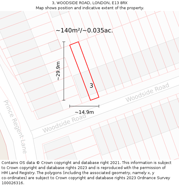 3, WOODSIDE ROAD, LONDON, E13 8RX: Plot and title map