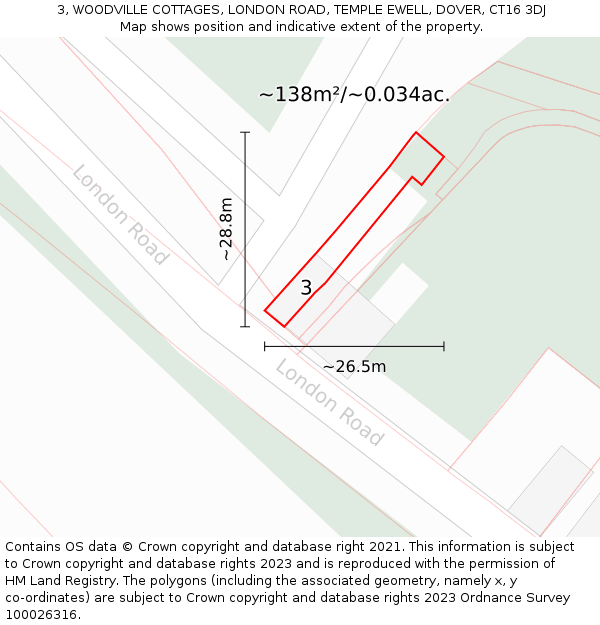 3, WOODVILLE COTTAGES, LONDON ROAD, TEMPLE EWELL, DOVER, CT16 3DJ: Plot and title map