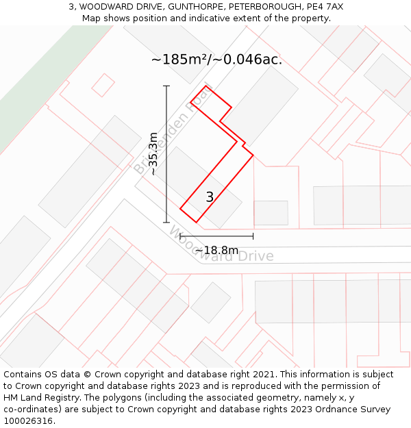 3, WOODWARD DRIVE, GUNTHORPE, PETERBOROUGH, PE4 7AX: Plot and title map