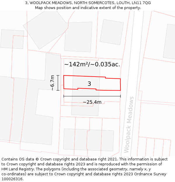 3, WOOLPACK MEADOWS, NORTH SOMERCOTES, LOUTH, LN11 7QG: Plot and title map