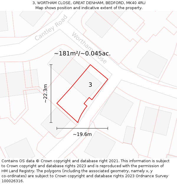 3, WORTHAM CLOSE, GREAT DENHAM, BEDFORD, MK40 4RU: Plot and title map