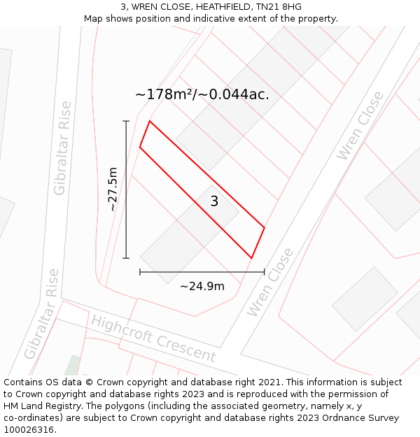 3, WREN CLOSE, HEATHFIELD, TN21 8HG: Plot and title map