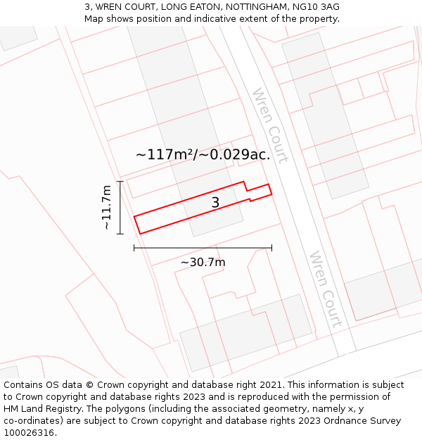 3, WREN COURT, LONG EATON, NOTTINGHAM, NG10 3AG: Plot and title map