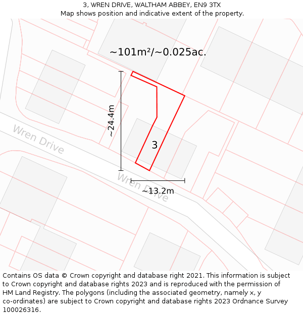 3, WREN DRIVE, WALTHAM ABBEY, EN9 3TX: Plot and title map