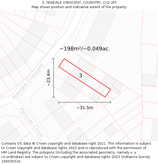3, YEWDALE CRESCENT, COVENTRY, CV2 2FF: Plot and title map