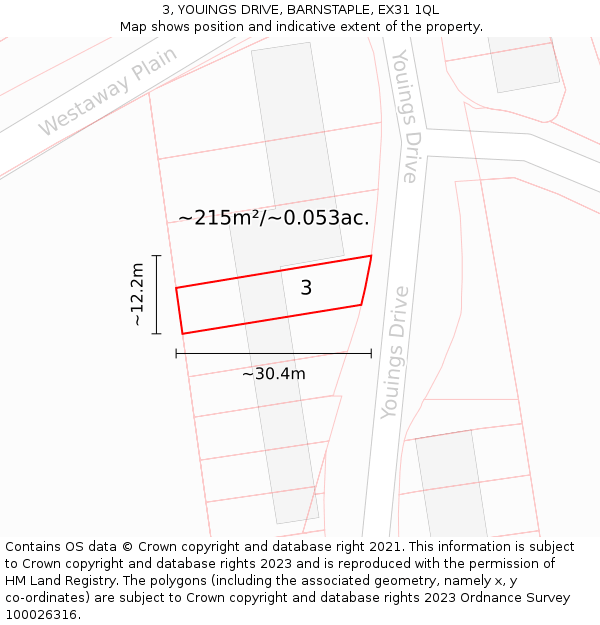 3, YOUINGS DRIVE, BARNSTAPLE, EX31 1QL: Plot and title map