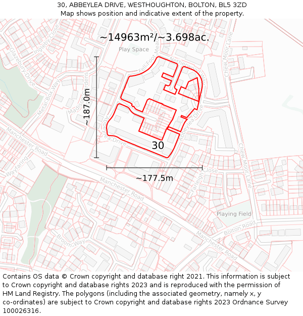 30, ABBEYLEA DRIVE, WESTHOUGHTON, BOLTON, BL5 3ZD: Plot and title map