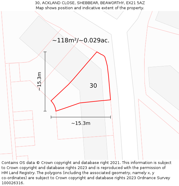 30, ACKLAND CLOSE, SHEBBEAR, BEAWORTHY, EX21 5AZ: Plot and title map