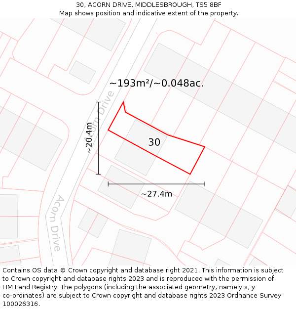 30, ACORN DRIVE, MIDDLESBROUGH, TS5 8BF: Plot and title map