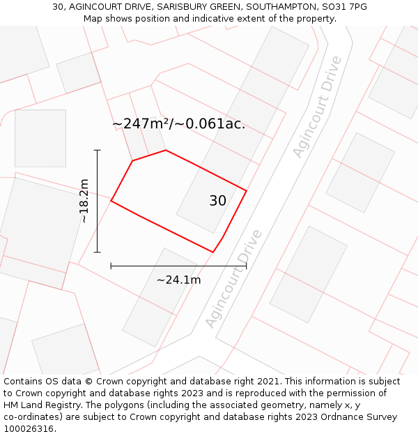 30, AGINCOURT DRIVE, SARISBURY GREEN, SOUTHAMPTON, SO31 7PG: Plot and title map