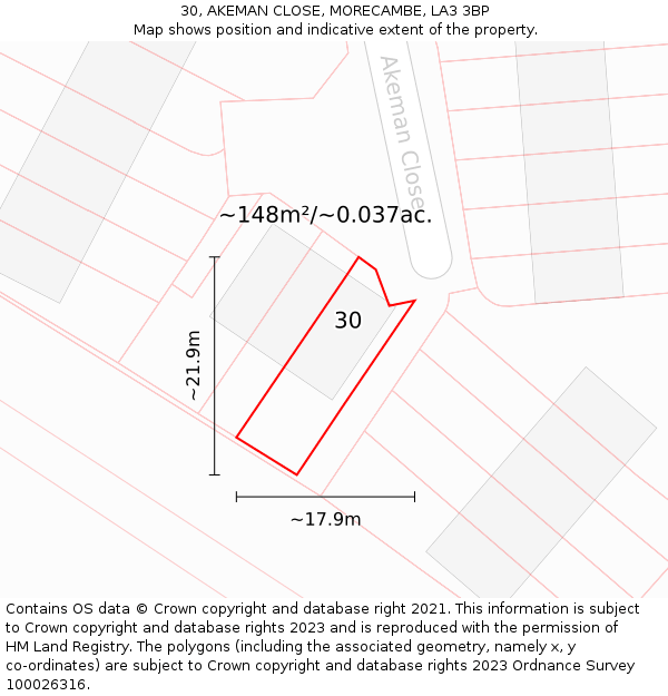 30, AKEMAN CLOSE, MORECAMBE, LA3 3BP: Plot and title map