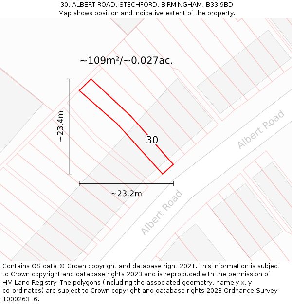 30, ALBERT ROAD, STECHFORD, BIRMINGHAM, B33 9BD: Plot and title map