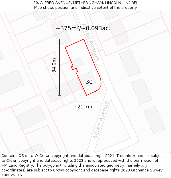 30, ALFRED AVENUE, METHERINGHAM, LINCOLN, LN4 3EL: Plot and title map