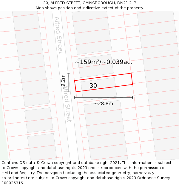 30, ALFRED STREET, GAINSBOROUGH, DN21 2LB: Plot and title map
