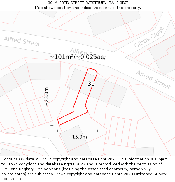 30, ALFRED STREET, WESTBURY, BA13 3DZ: Plot and title map