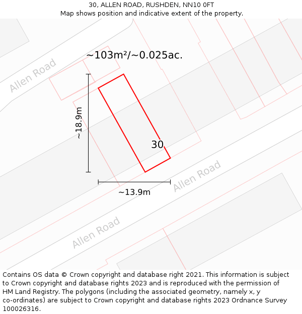 30, ALLEN ROAD, RUSHDEN, NN10 0FT: Plot and title map