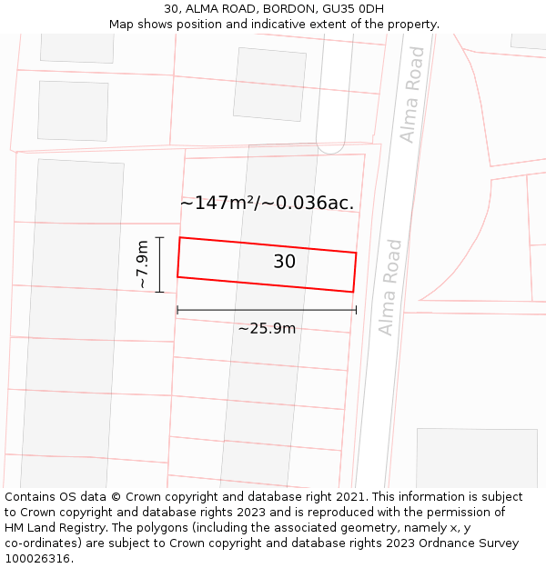 30, ALMA ROAD, BORDON, GU35 0DH: Plot and title map