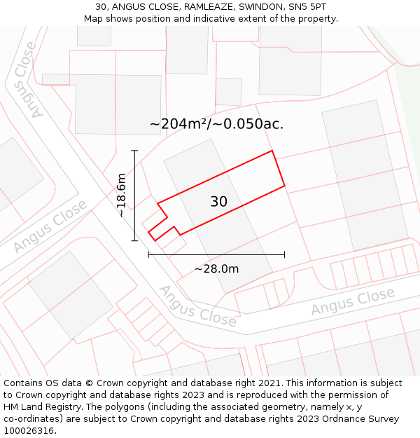 30, ANGUS CLOSE, RAMLEAZE, SWINDON, SN5 5PT: Plot and title map