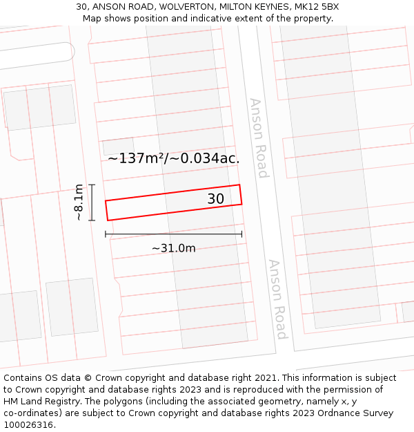30, ANSON ROAD, WOLVERTON, MILTON KEYNES, MK12 5BX: Plot and title map