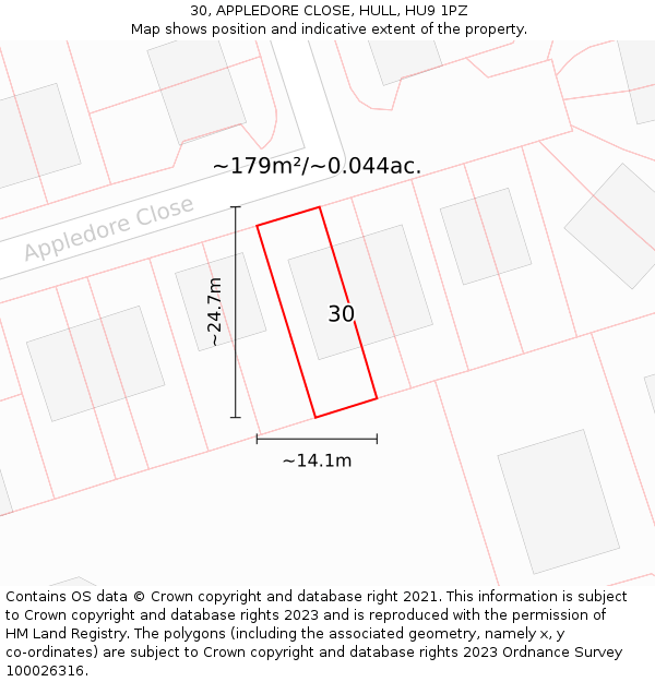 30, APPLEDORE CLOSE, HULL, HU9 1PZ: Plot and title map