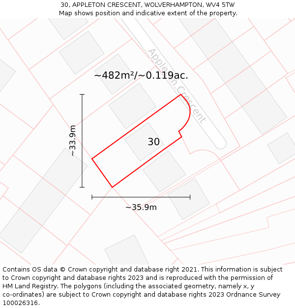 30, APPLETON CRESCENT, WOLVERHAMPTON, WV4 5TW: Plot and title map