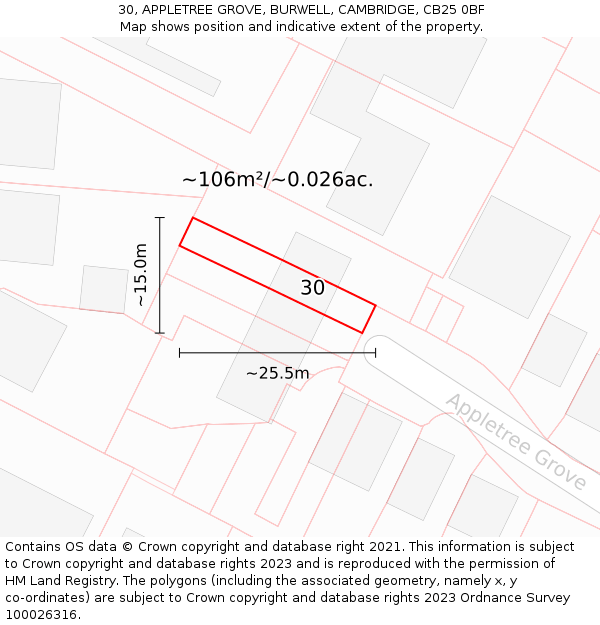 30, APPLETREE GROVE, BURWELL, CAMBRIDGE, CB25 0BF: Plot and title map