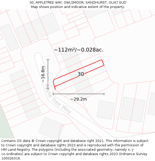 30, APPLETREE WAY, OWLSMOOR, SANDHURST, GU47 0UD: Plot and title map