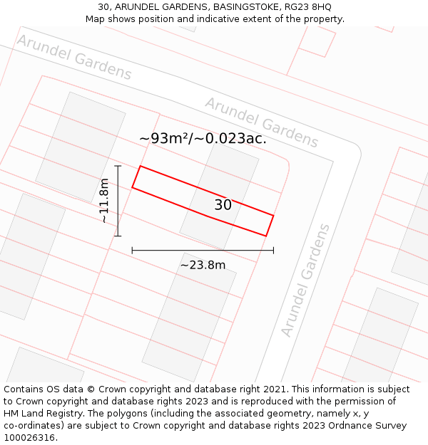 30, ARUNDEL GARDENS, BASINGSTOKE, RG23 8HQ: Plot and title map