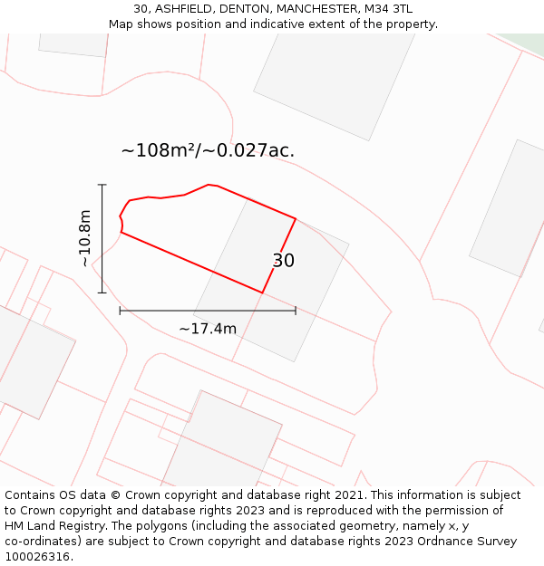30, ASHFIELD, DENTON, MANCHESTER, M34 3TL: Plot and title map