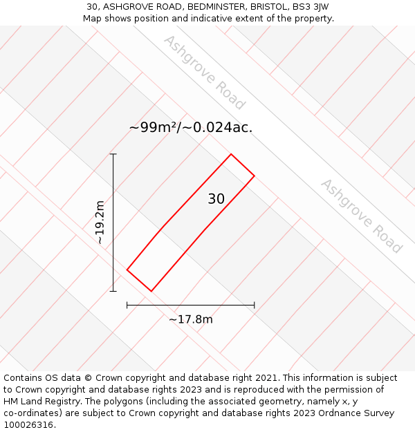 30, ASHGROVE ROAD, BEDMINSTER, BRISTOL, BS3 3JW: Plot and title map