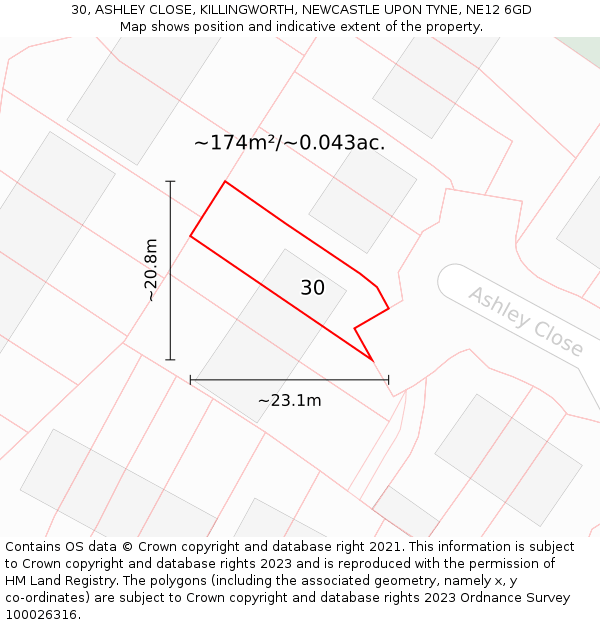 30, ASHLEY CLOSE, KILLINGWORTH, NEWCASTLE UPON TYNE, NE12 6GD: Plot and title map