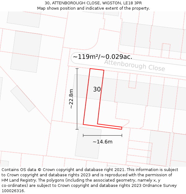 30, ATTENBOROUGH CLOSE, WIGSTON, LE18 3PR: Plot and title map