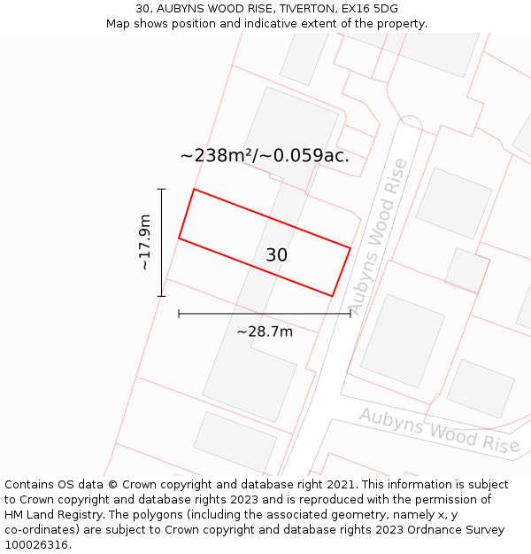 30, AUBYNS WOOD RISE, TIVERTON, EX16 5DG: Plot and title map